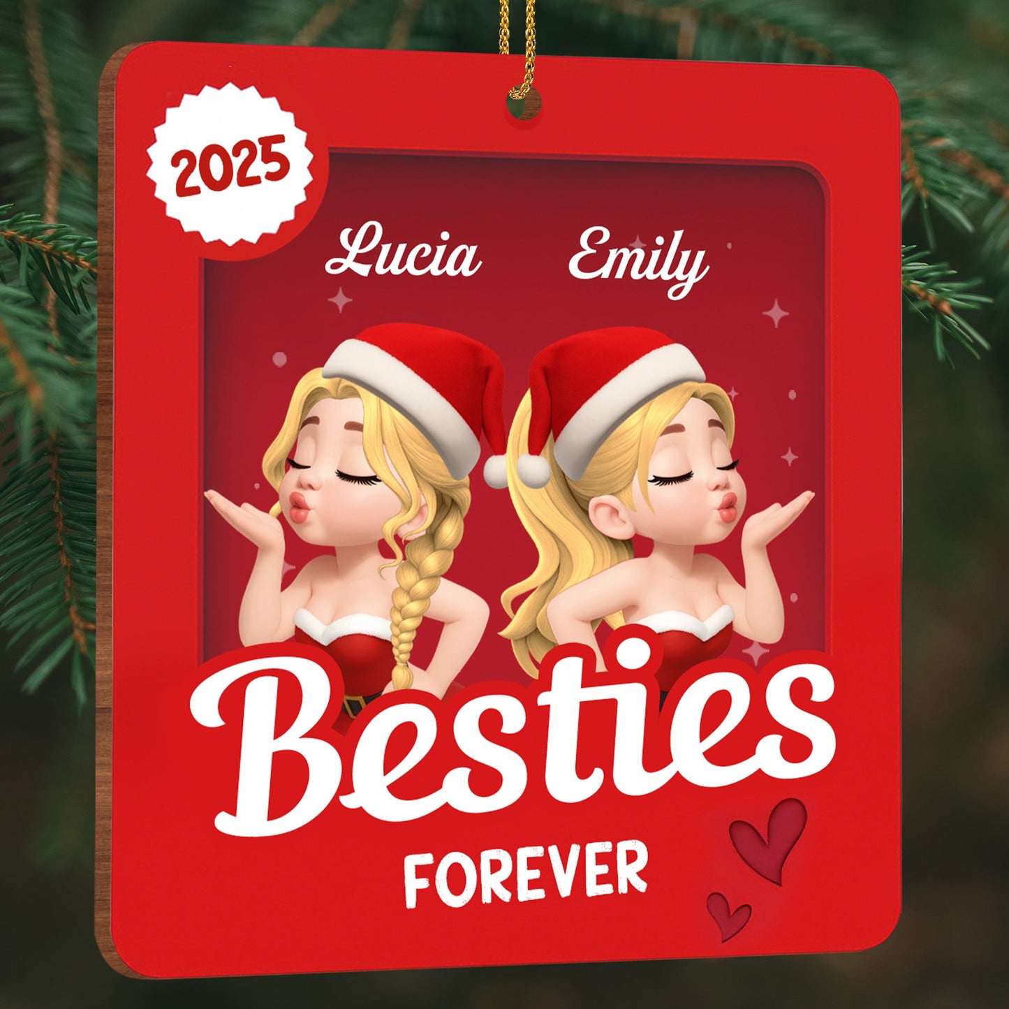 Besties Forever With Santa Hats - Personalized Custom Wood Ornament, Custom Shaped - BST418_WDO
