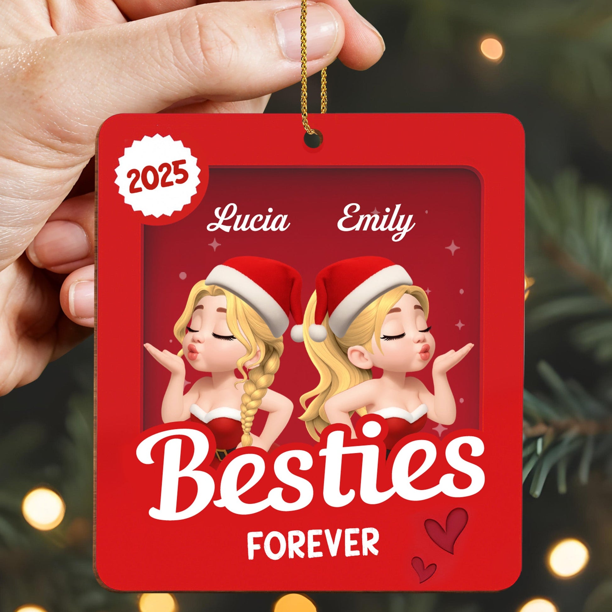 Besties Forever With Santa Hats - Personalized Custom Wood Ornament, Custom Shaped - BST418_WDO