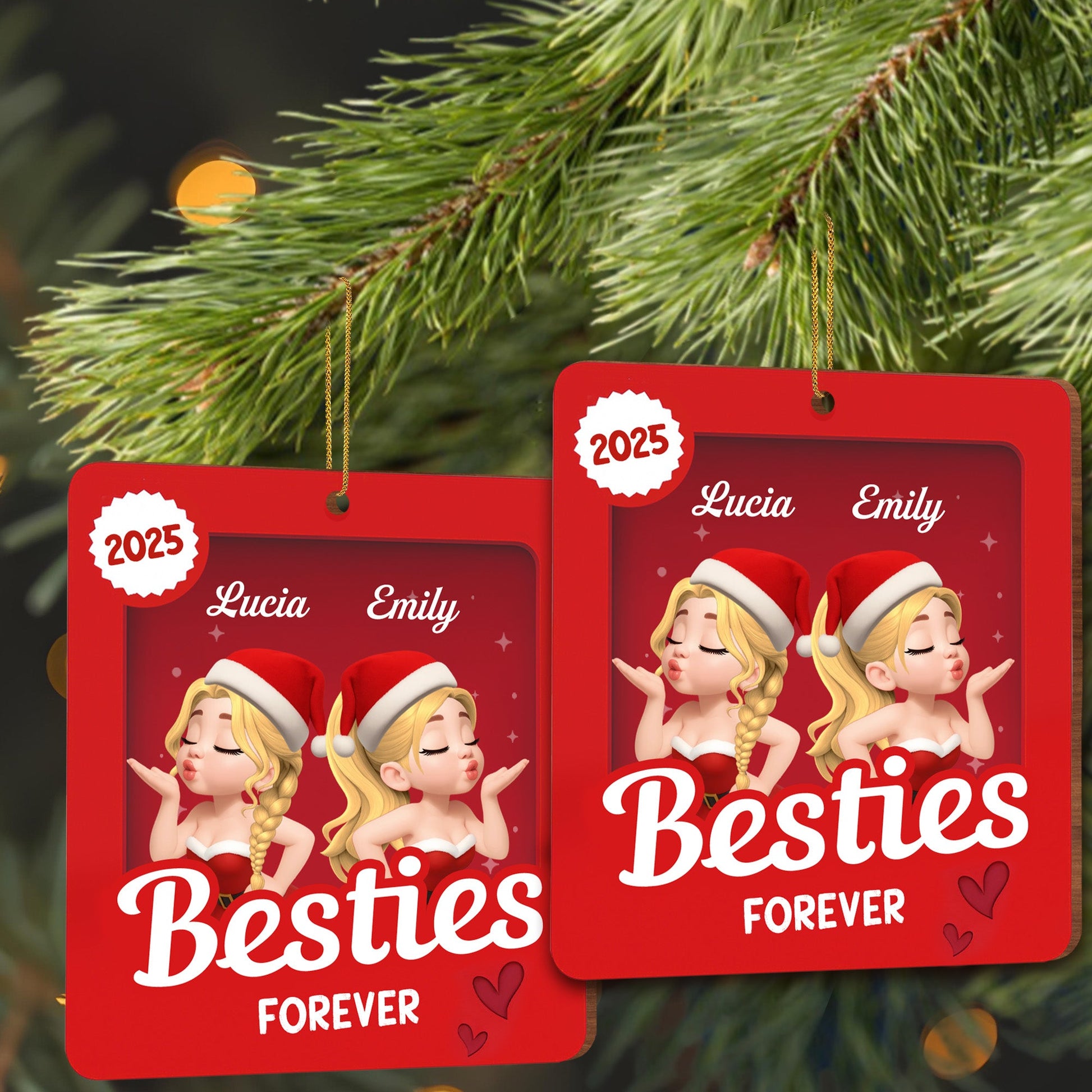 Besties Forever With Santa Hats - Personalized Custom Wood Ornament, Custom Shaped - BST418_WDO