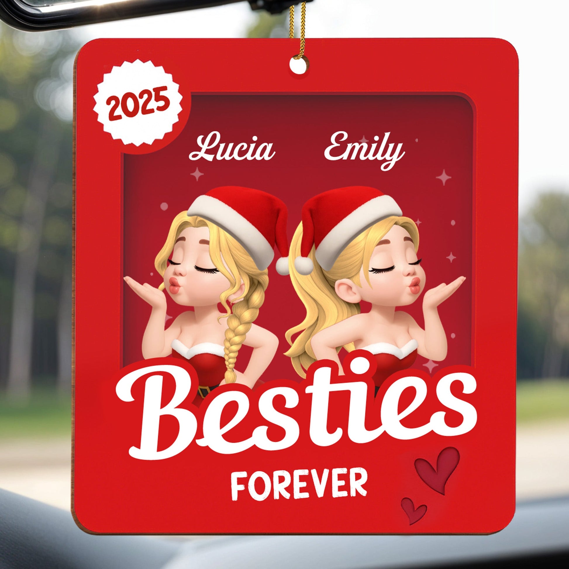 Besties Forever With Santa Hats - Personalized Custom Wood Ornament, Custom Shaped - BST418_WDO