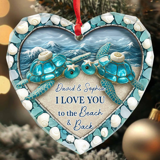 I Love You To The Beach And Back Featuring Turtles And Shells - Personalized Heart Glass Ornament - CPL806_HEGOR