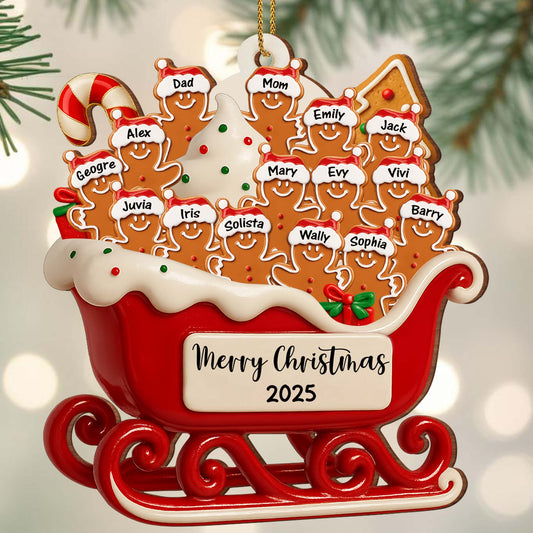 Merry Christmas Family Gingerbread Sleigh Ornament - Personalized Custom Wood Ornament, Custom Shaped - FAM454_WDO