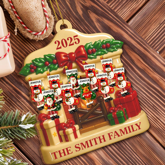 Festive Family Christmas With Snowmen And Gift Boxes - Personalized Custom Wood Ornament, Custom Shaped - FAM658_WDO