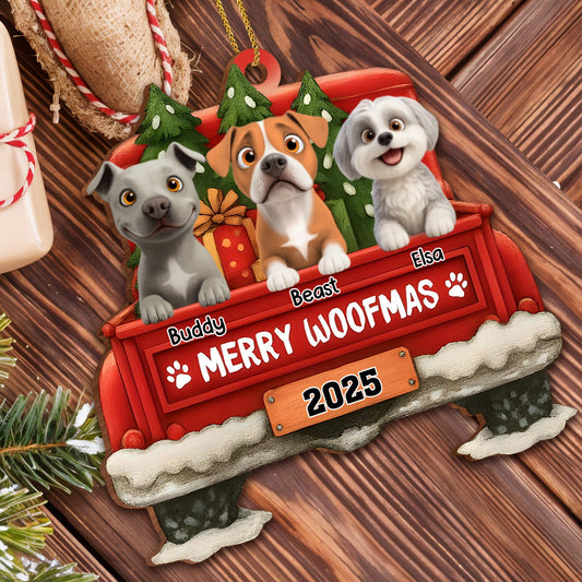 Merry Woofmas With Dogs And Sleigh - Personalized Custom Wood Ornament, Custom Shaped - PET152_WDO