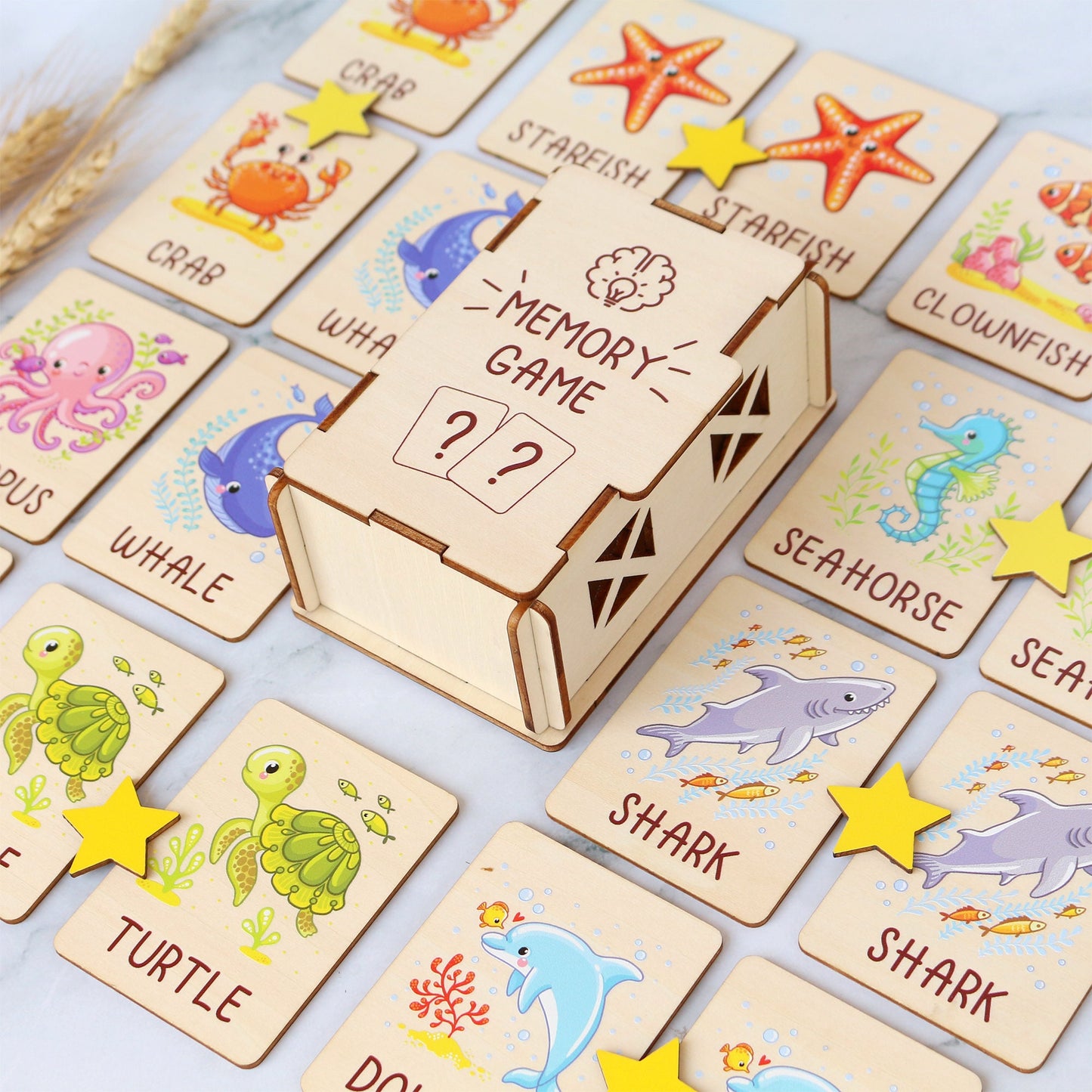 Ocean Animals Memory Game: Montessori Matching Cards with Wooden Box