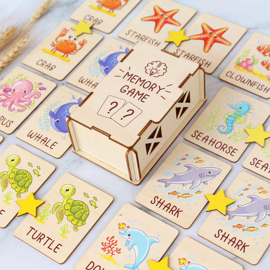 Ocean Animals Memory Game: Montessori Matching Cards with Wooden Box