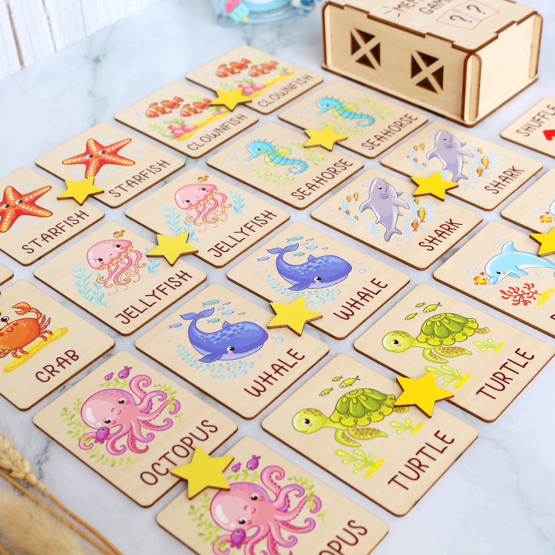 Ocean Animals Memory Game: Montessori Matching Cards with Wooden Box