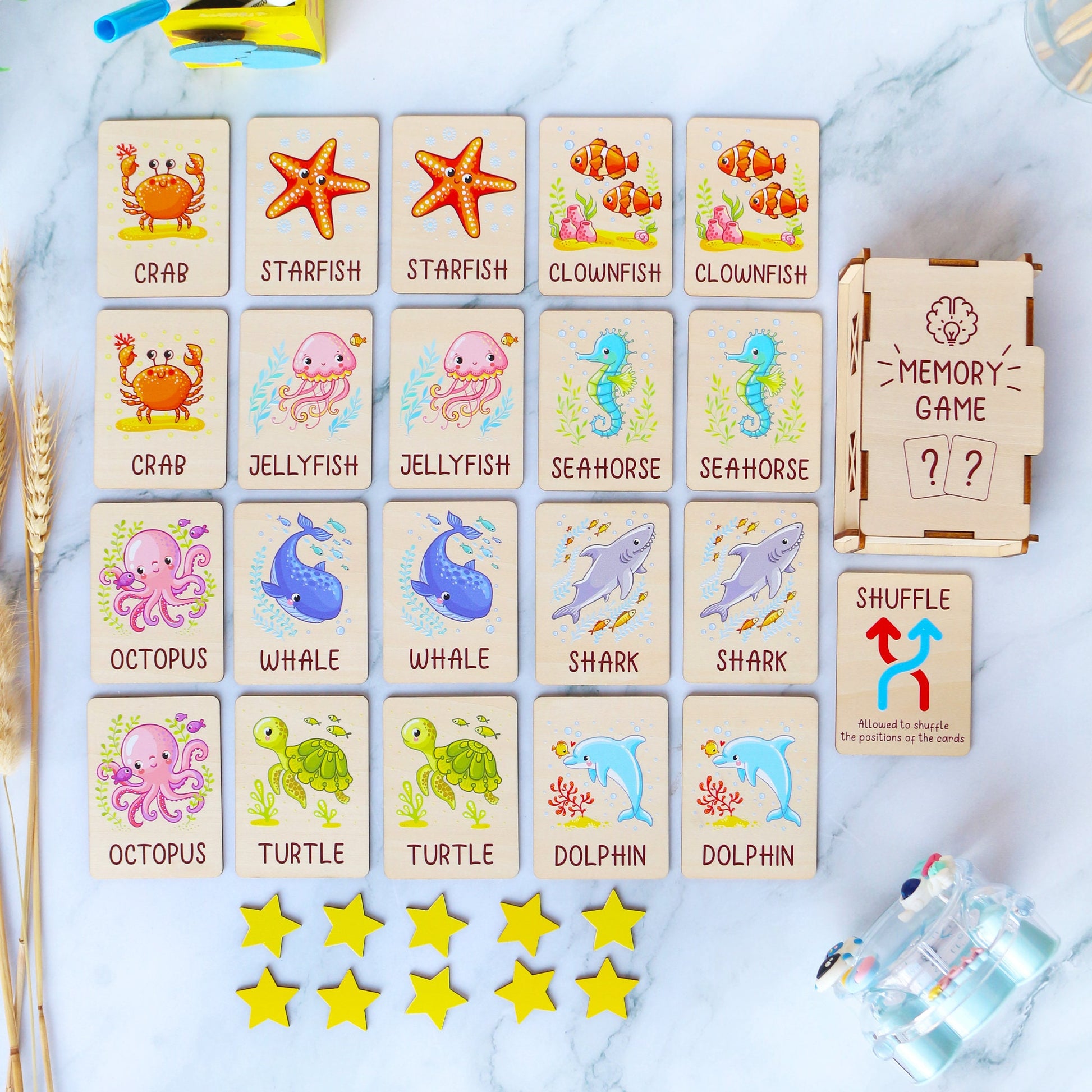 Ocean Animals Memory Game: Montessori Matching Cards with Wooden Box