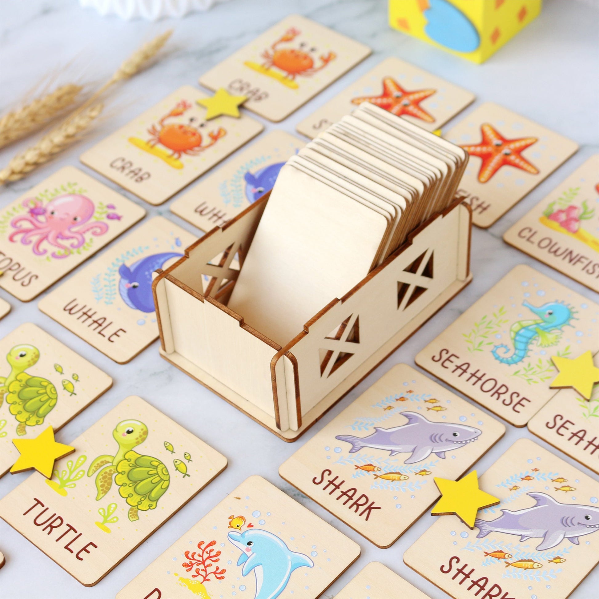 Ocean Animals Memory Game: Montessori Matching Cards with Wooden Box