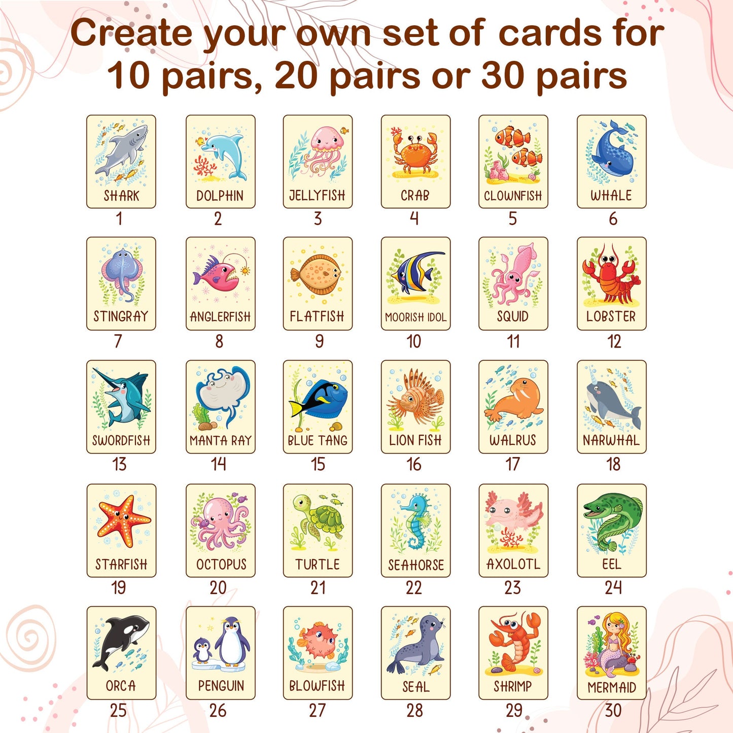 Ocean Animals Memory Game: Montessori Matching Cards with Wooden Box