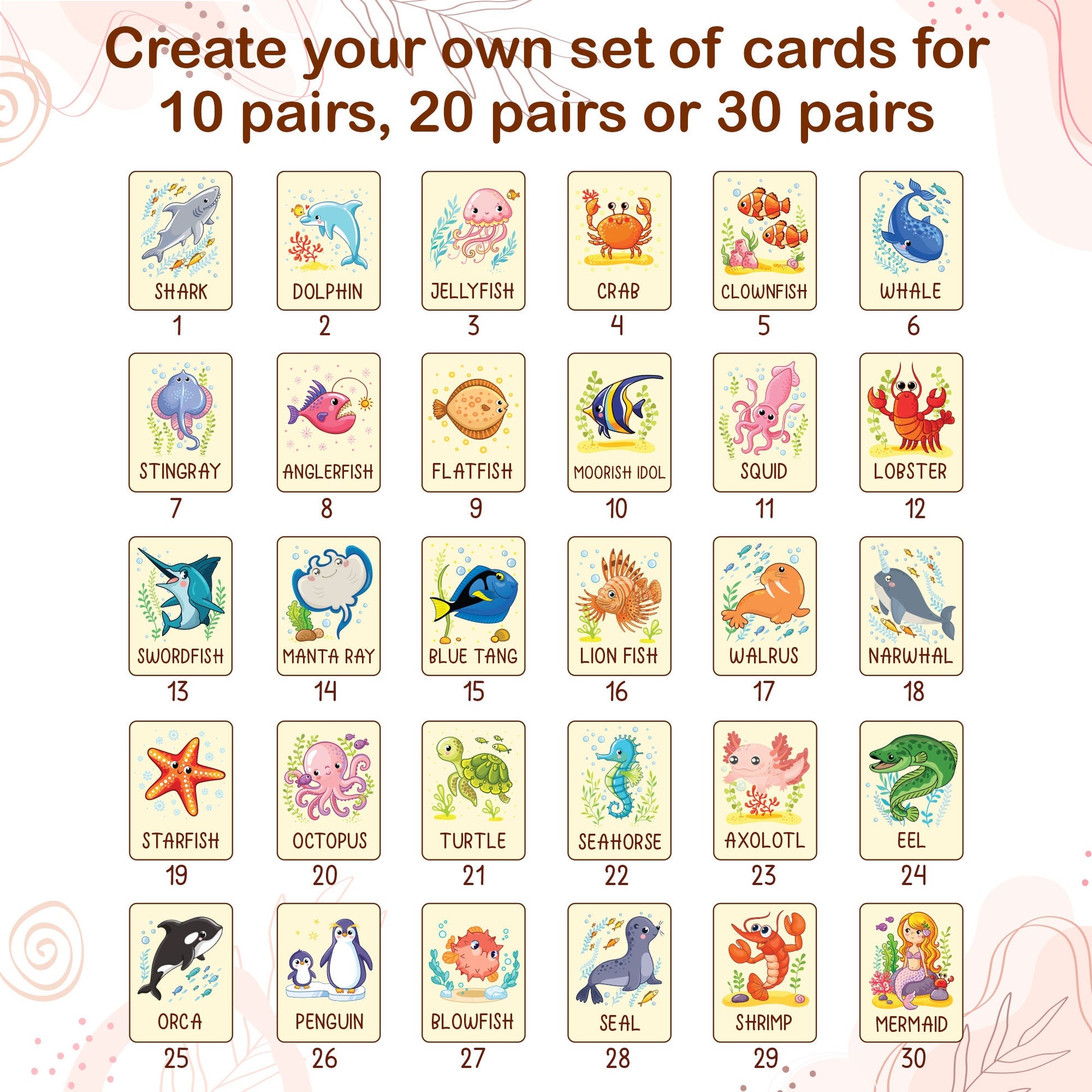 Ocean Animals Memory Game: Montessori Matching Cards with Wooden Box