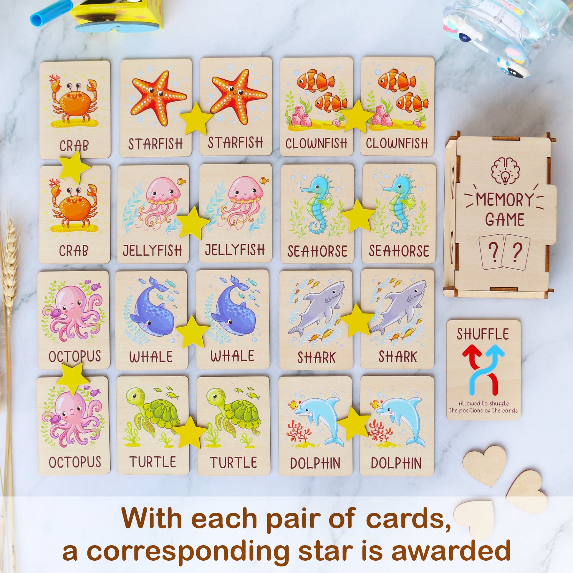 Ocean Animals Memory Game: Montessori Matching Cards with Wooden Box