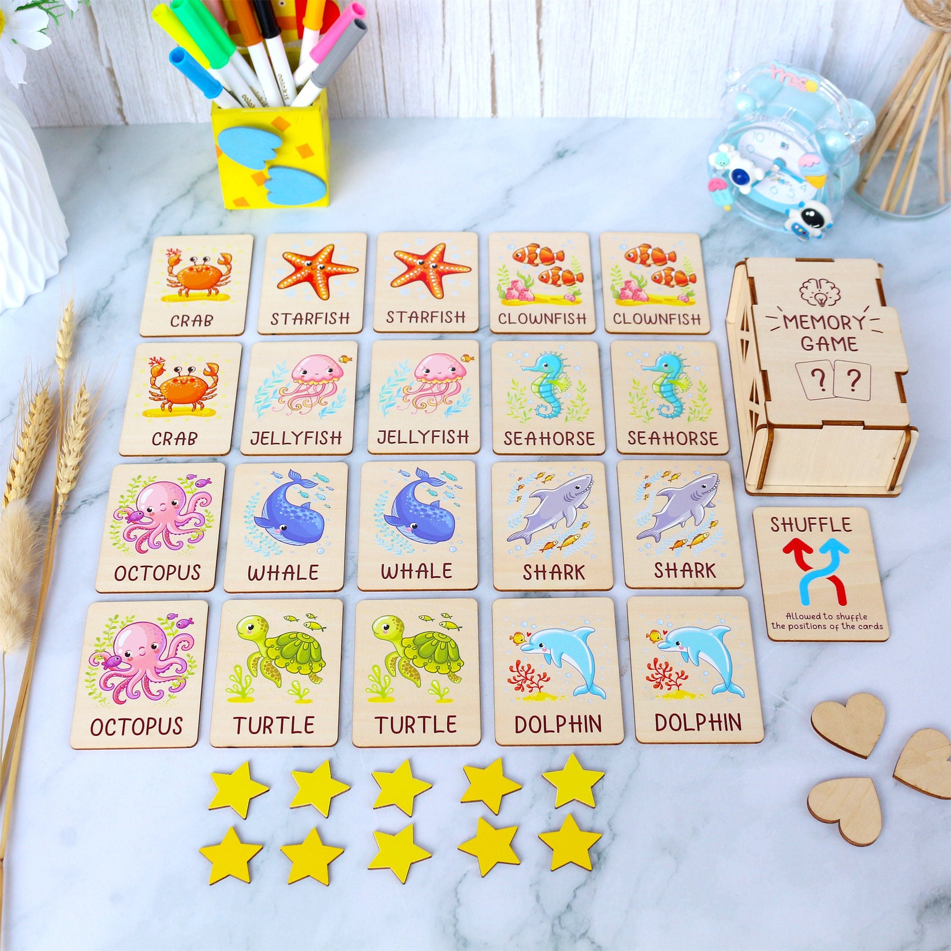 Ocean Animals Memory Game: Montessori Matching Cards with Wooden Box