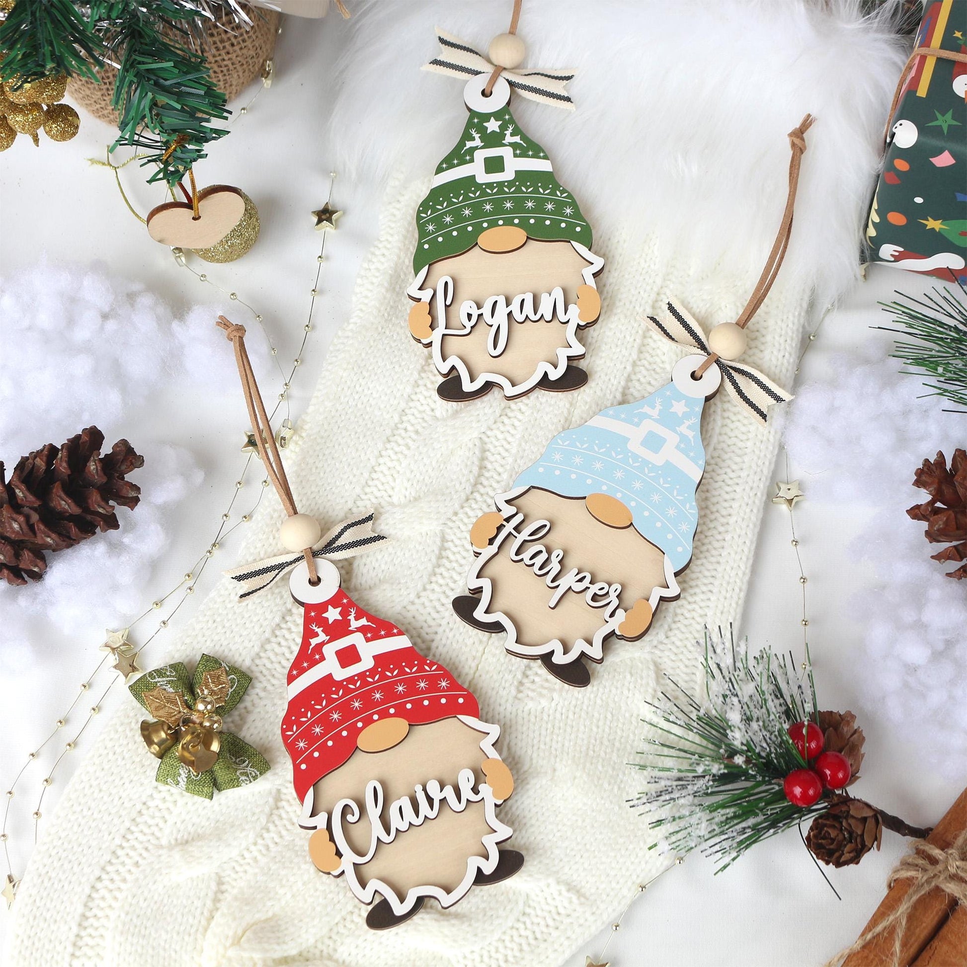 Personalized Christmas Ornament: Wooden Gnome Stocking Tag