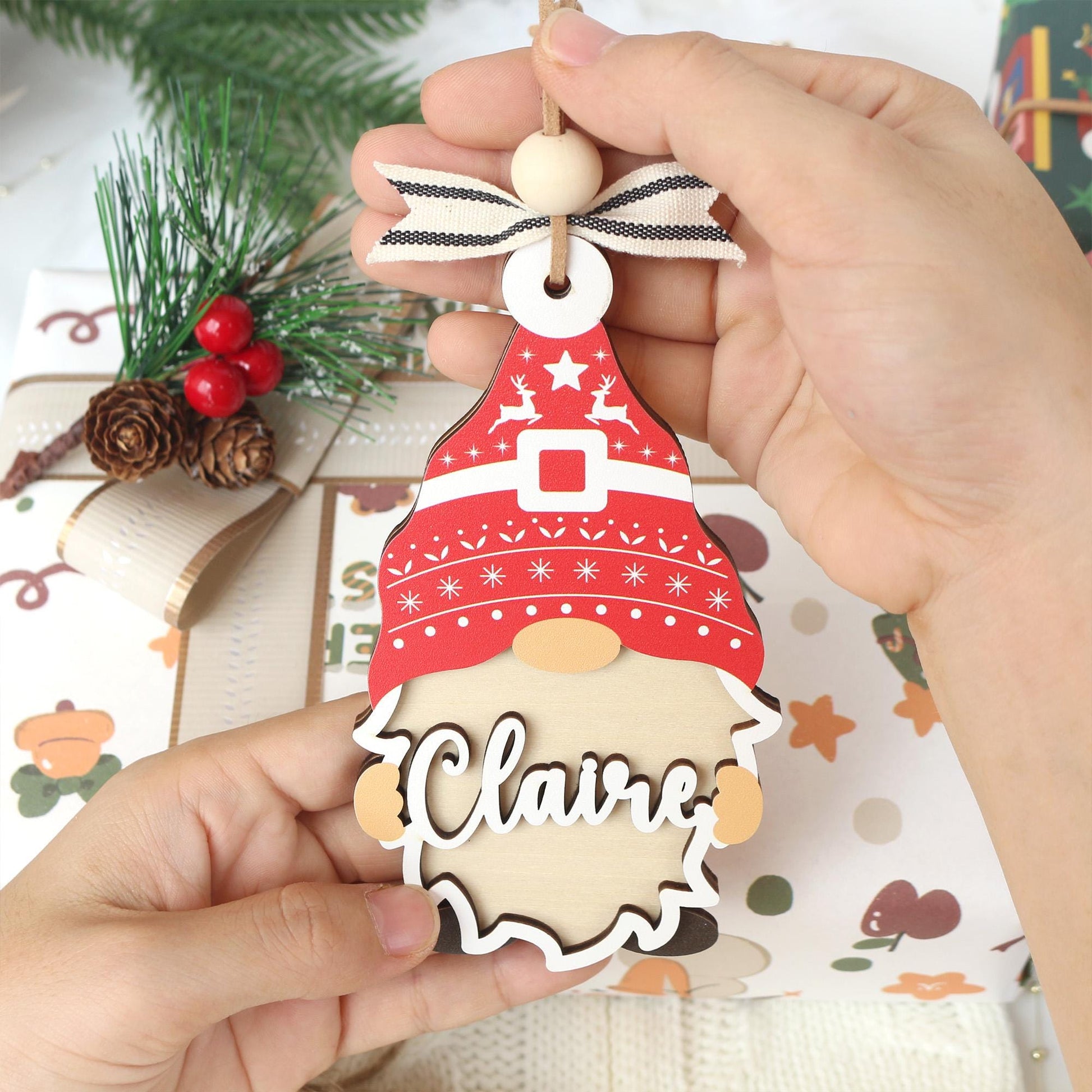 Personalized Christmas Ornament: Wooden Gnome Stocking Tag