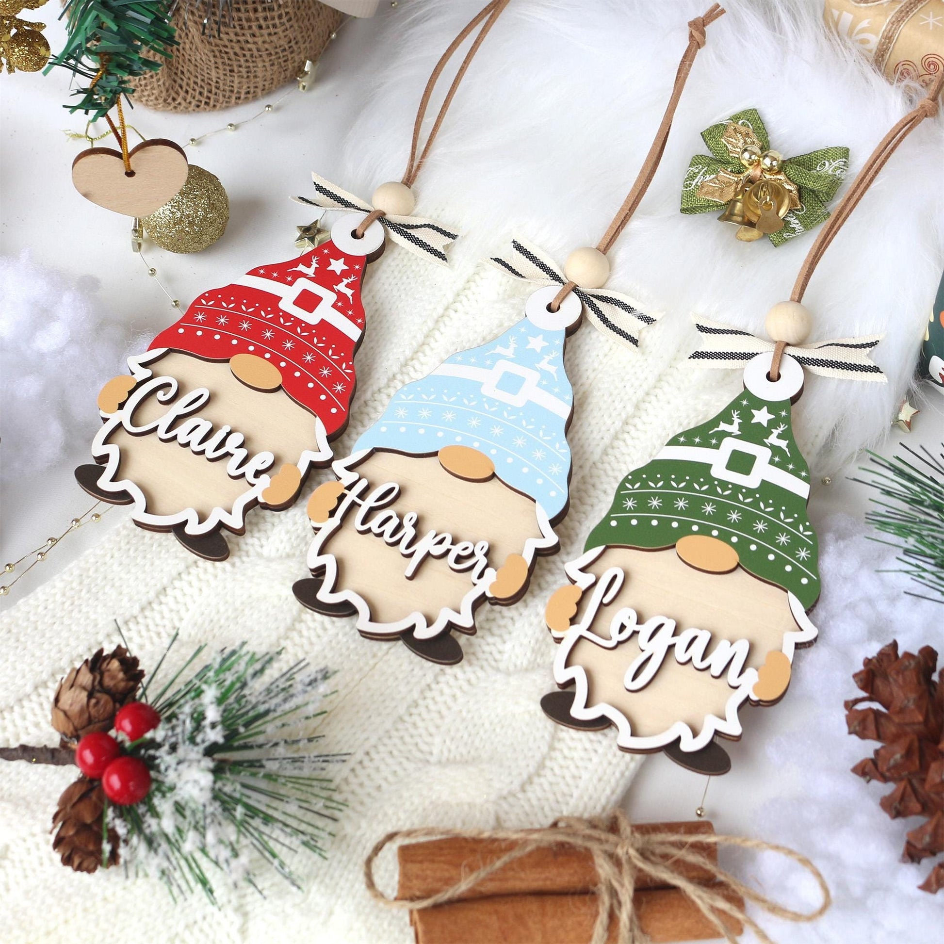 Personalized Christmas Ornament: Wooden Gnome Stocking Tag