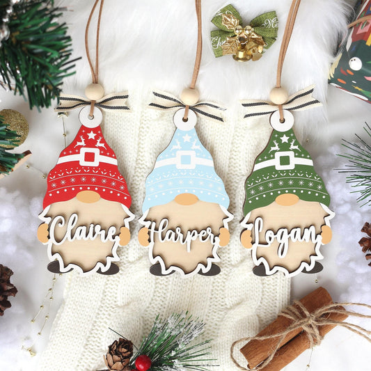 Personalized Christmas Ornament: Wooden Gnome Stocking Tag