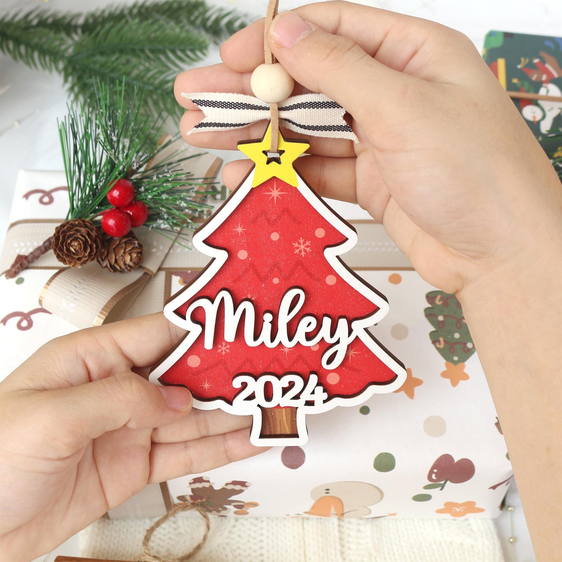 Personalized Christmas Tree Ornament: Wooden Stocking Tag