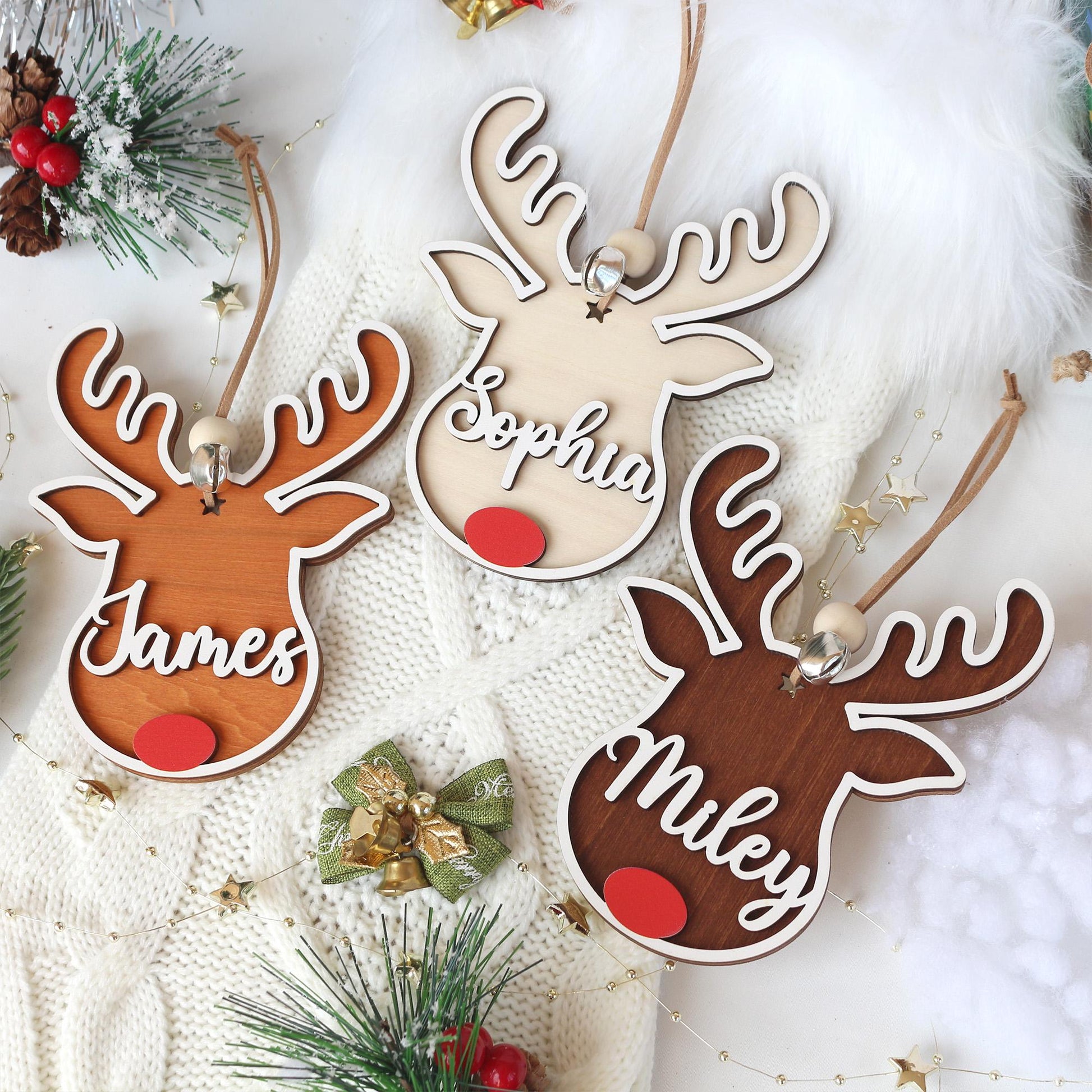Personalized Reindeer Christmas Ornament: Wooden Stocking Tag