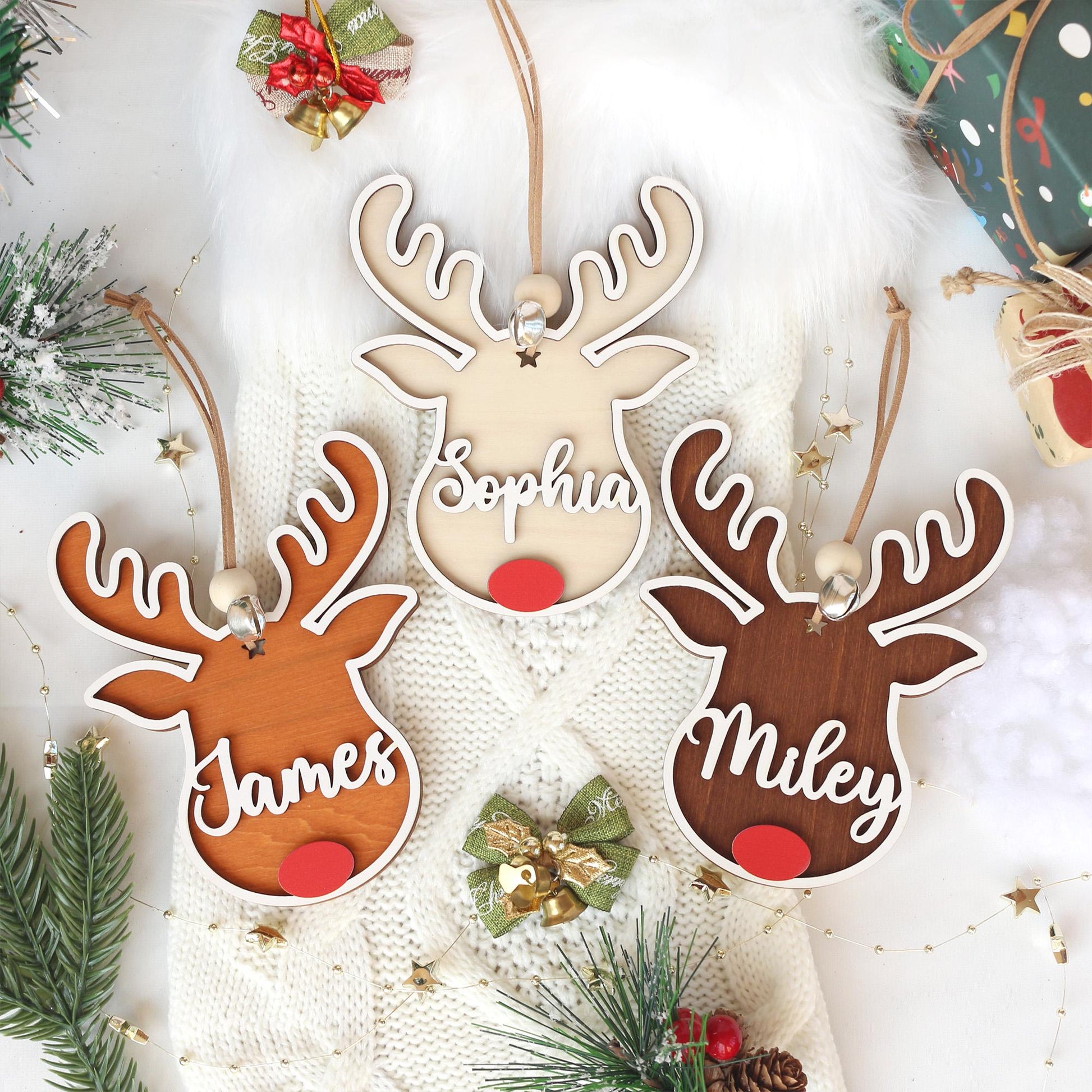 Personalized Reindeer Christmas Ornament: Wooden Stocking Tag