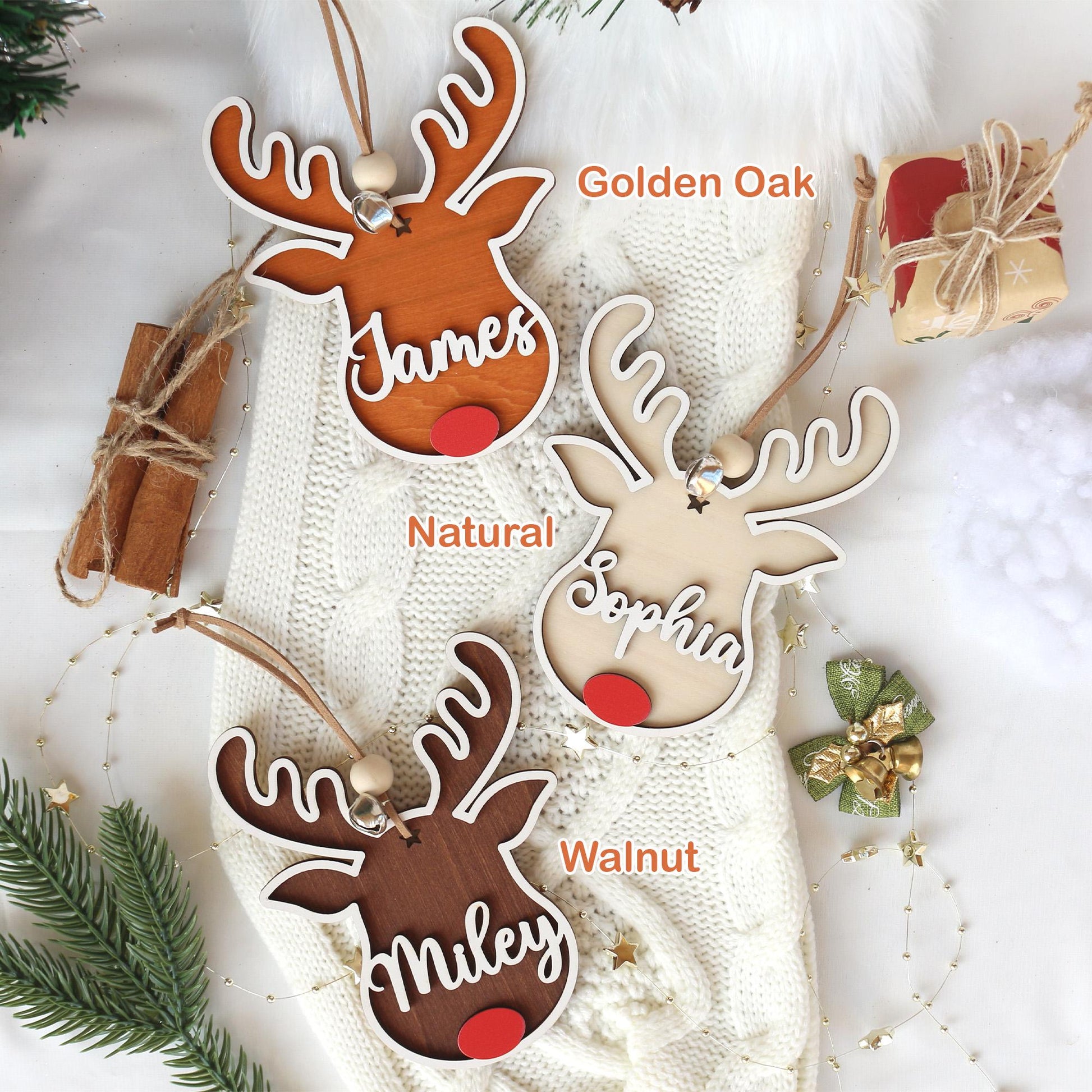 Personalized Reindeer Christmas Ornament: Wooden Stocking Tag