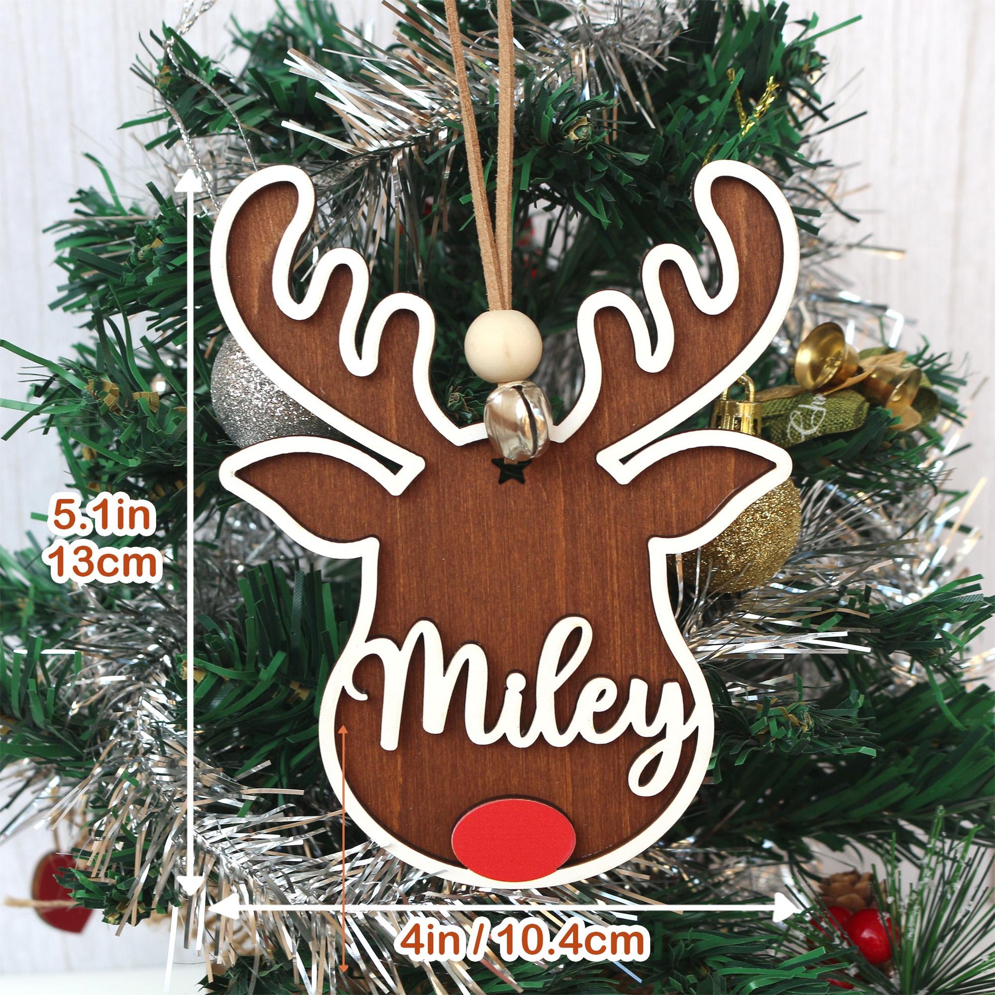 Personalized Reindeer Christmas Ornament: Wooden Stocking Tag