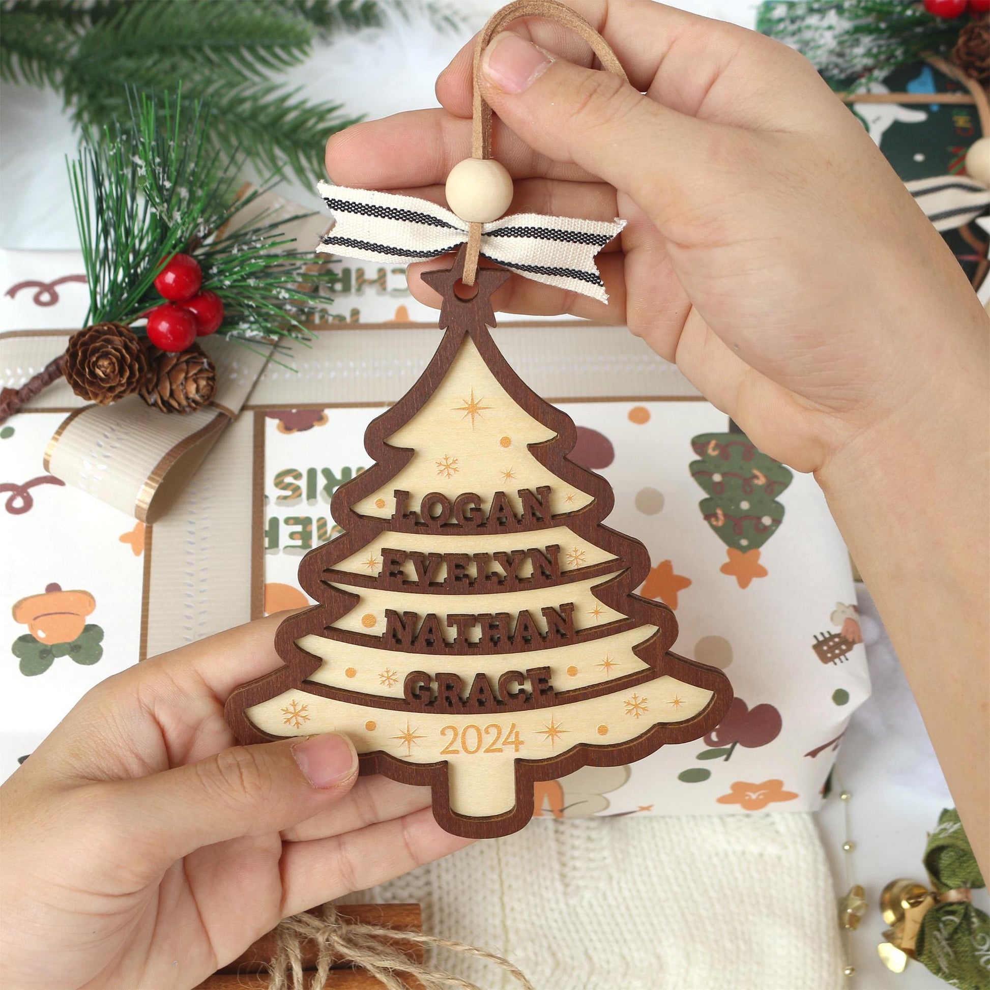Personalized Wooden Family Christmas Ornament: Laser-Cut Tree Decor