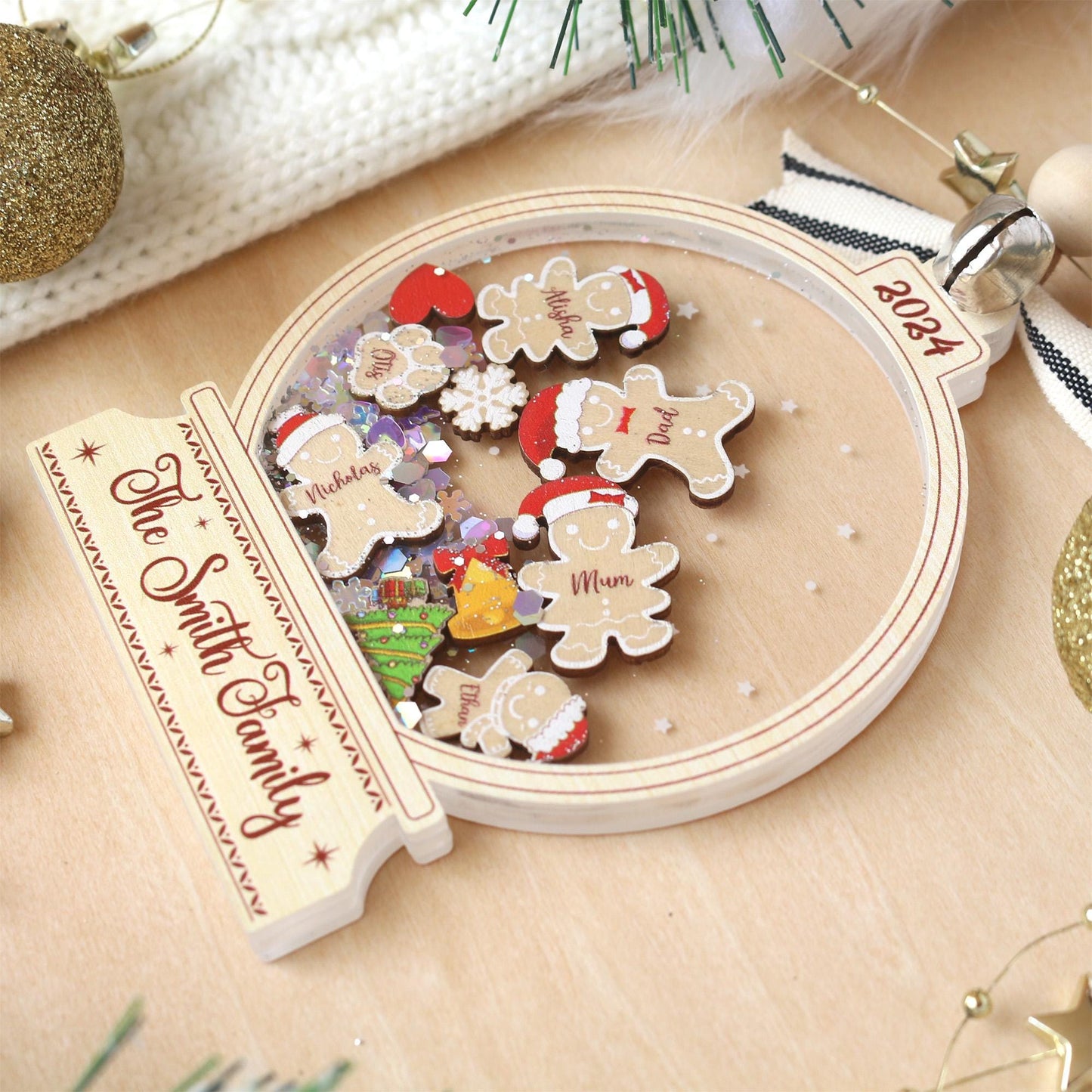 Personalized Gingerbread Family Christmas Ornament: Custom Acrylic Cookie, Up to 10 Names