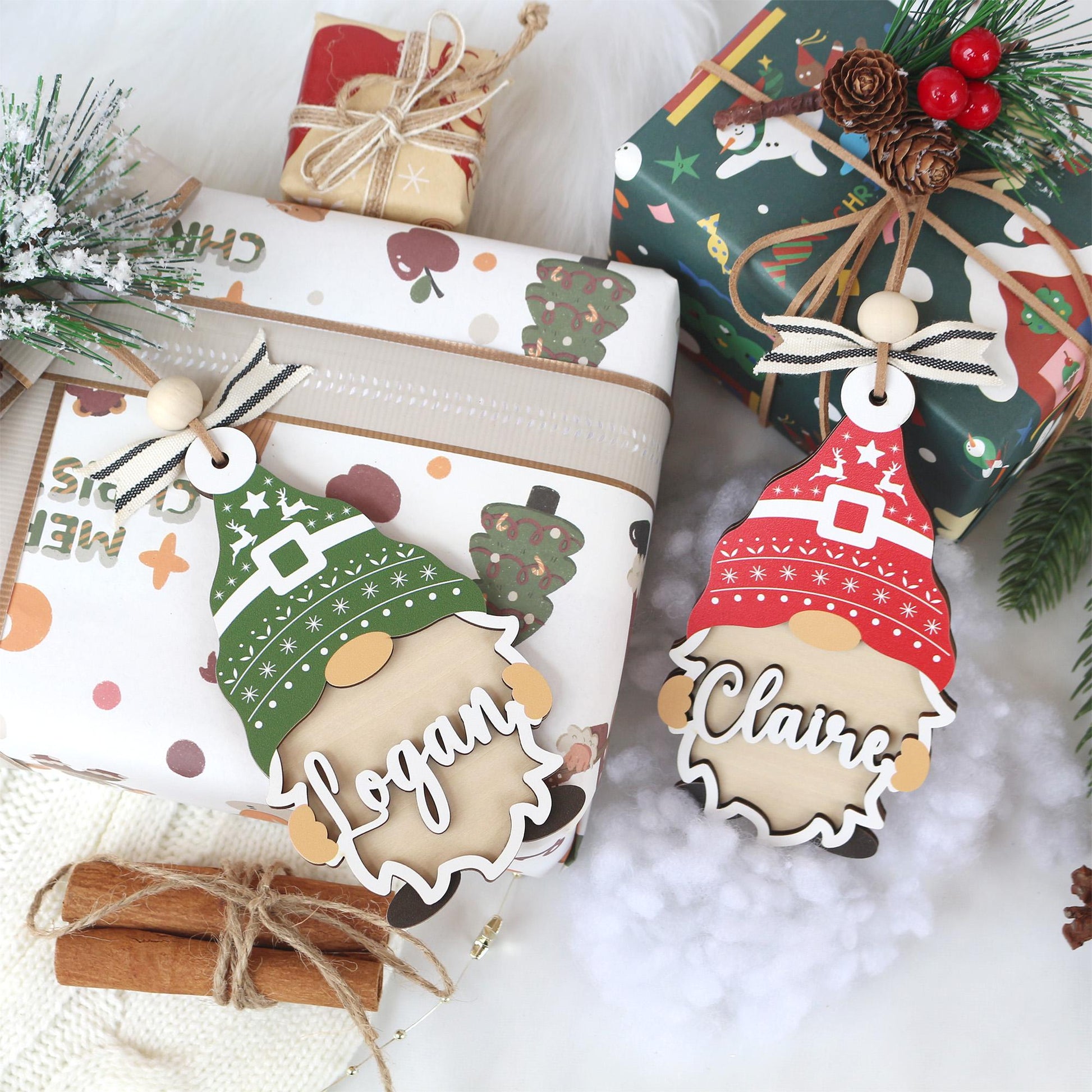 Personalized Christmas Ornament: Wooden Gnome Stocking Tag