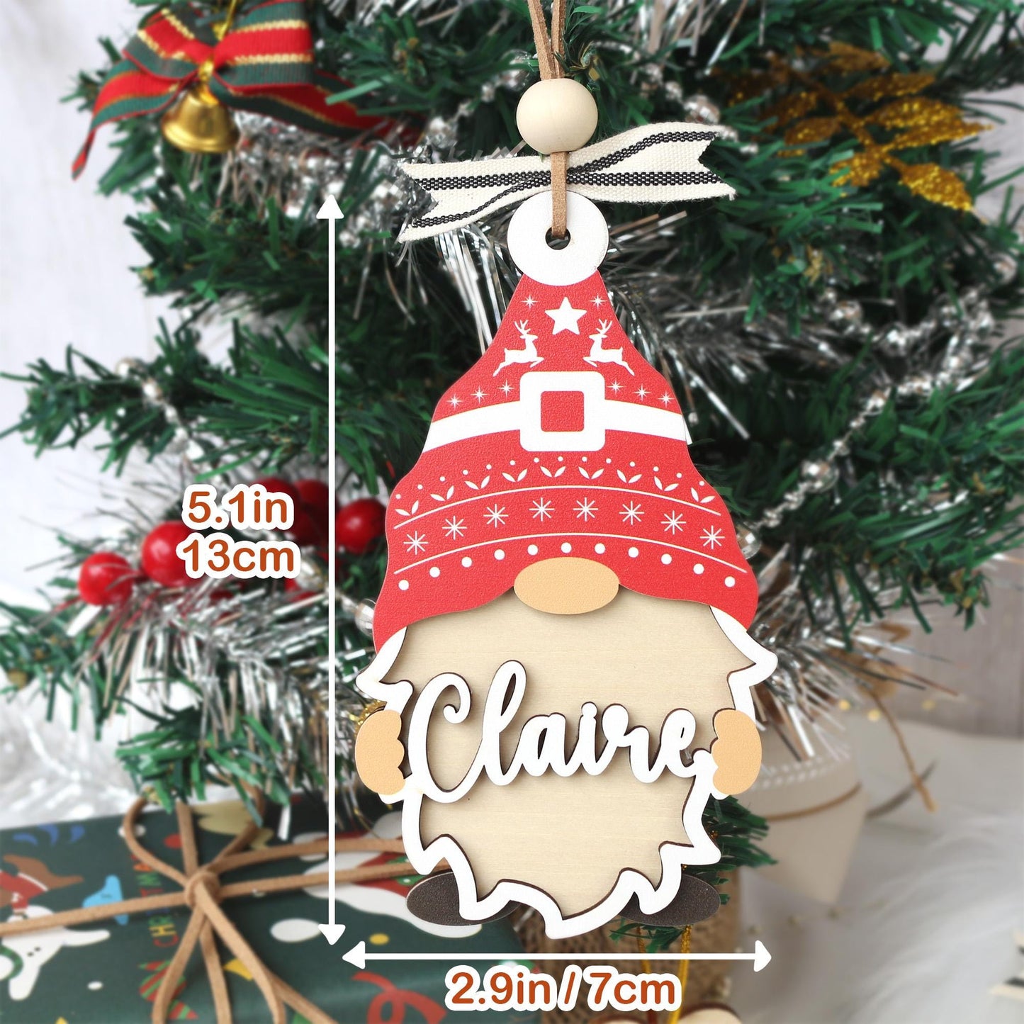 Personalized Christmas Ornament: Wooden Gnome Stocking Tag