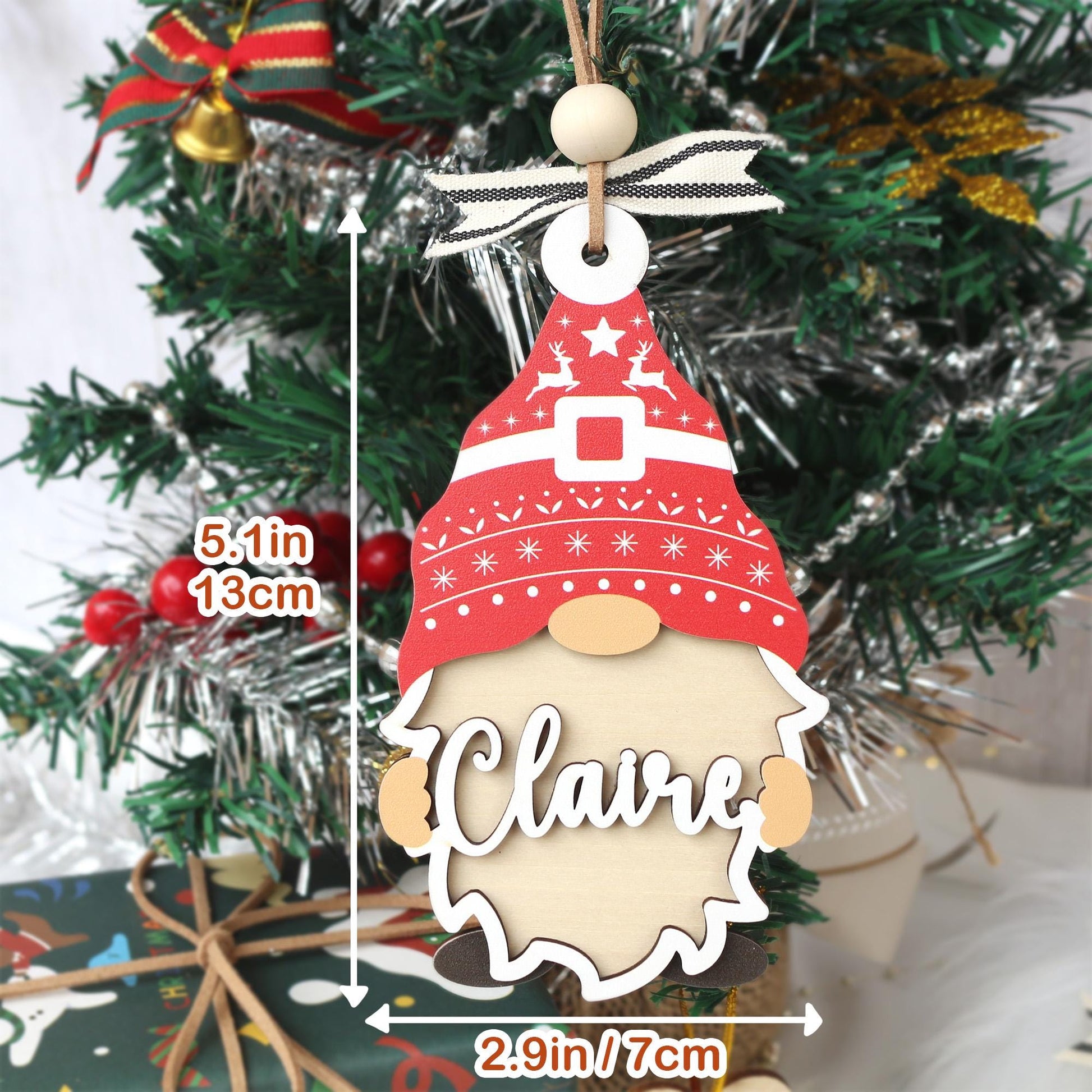 Personalized Christmas Ornament: Wooden Gnome Stocking Tag