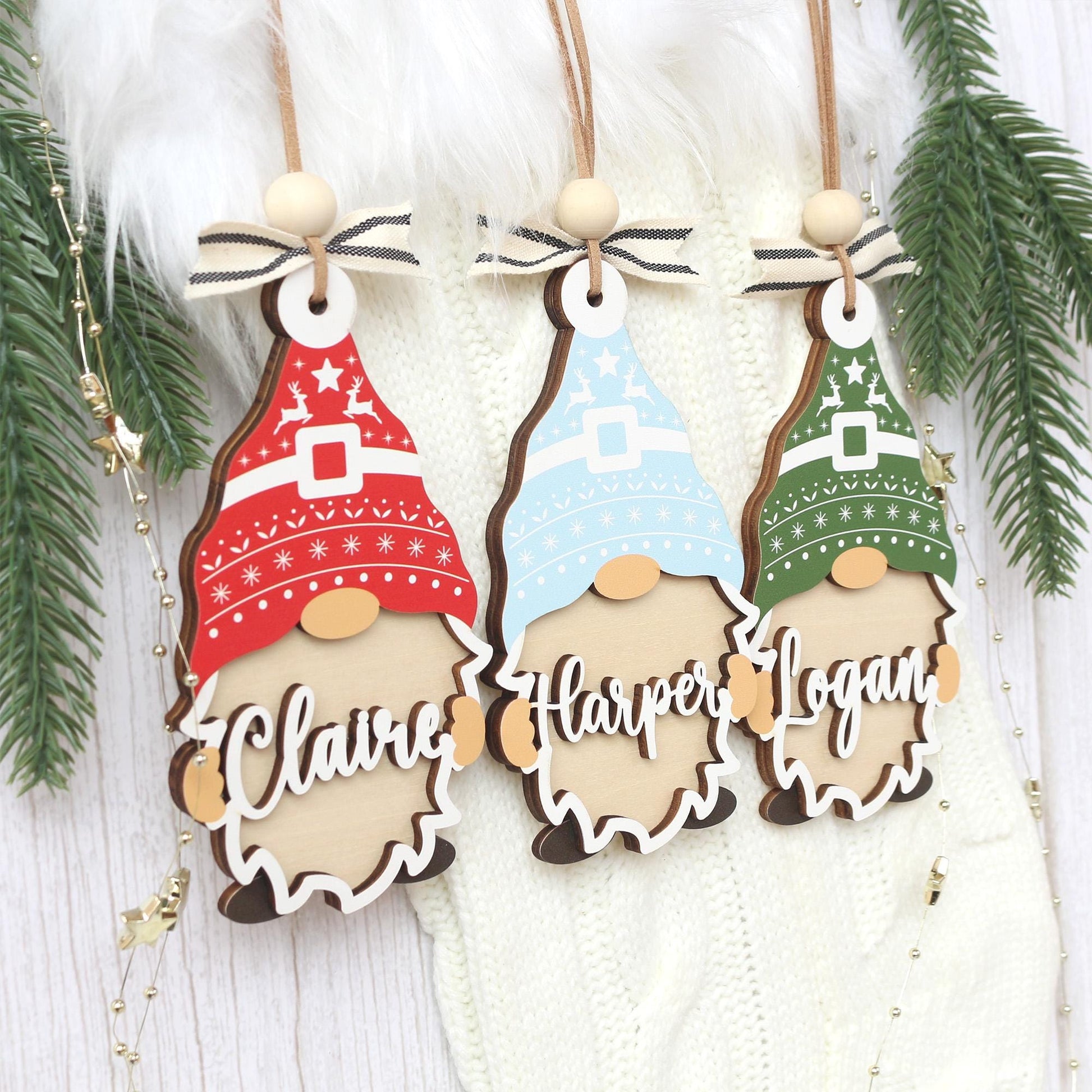 Personalized Christmas Ornament: Wooden Gnome Stocking Tag