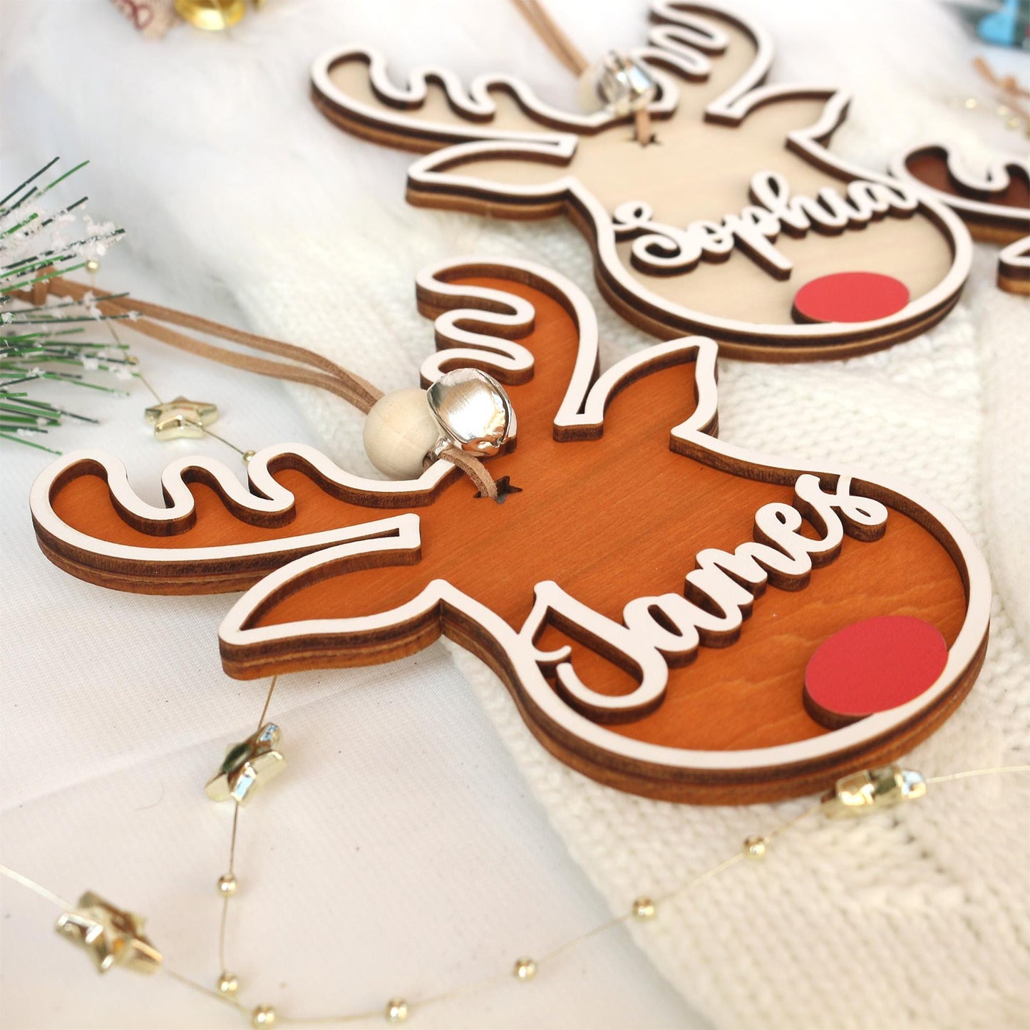 Personalized Reindeer Christmas Ornament: Wooden Stocking Tag