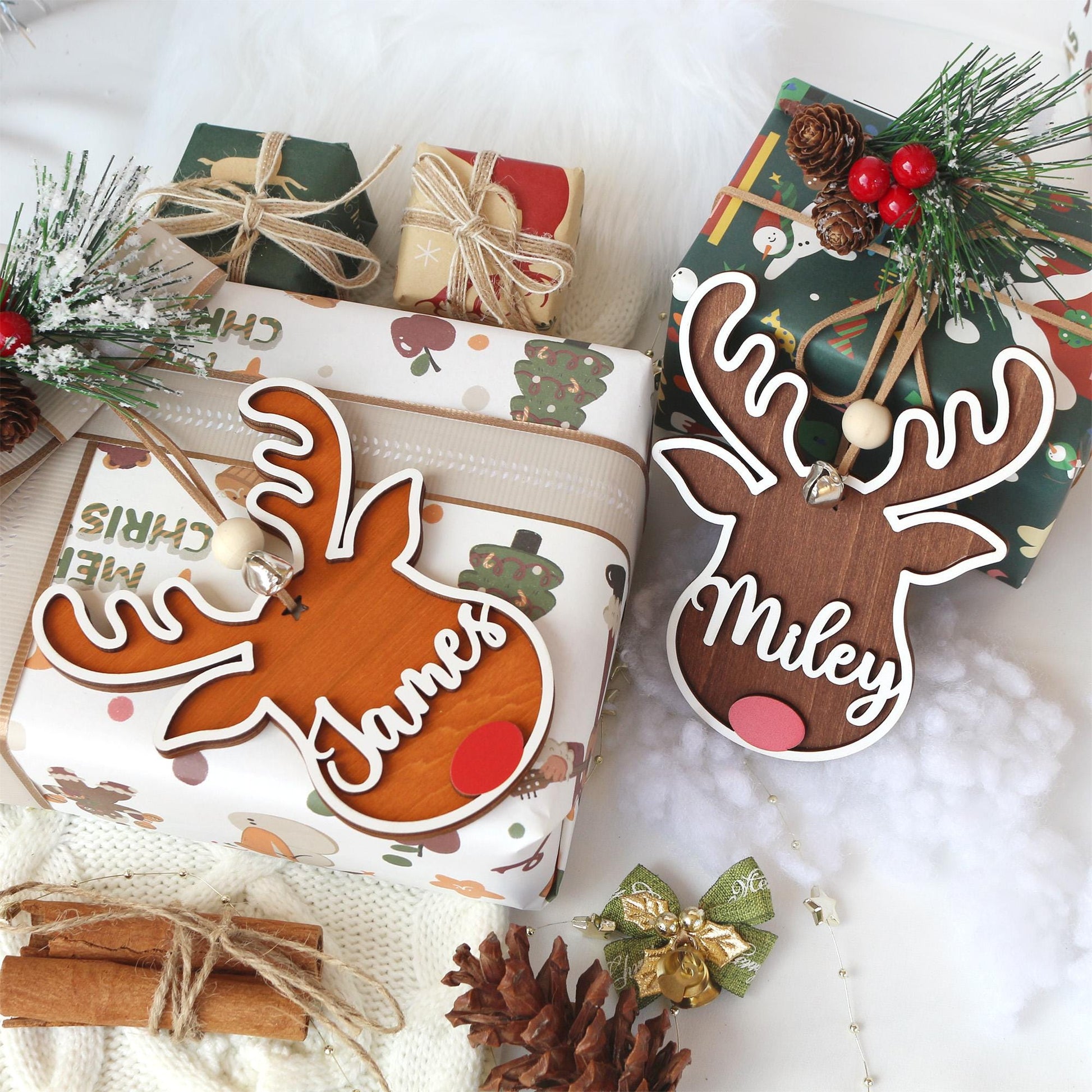 Personalized Reindeer Christmas Ornament: Wooden Stocking Tag