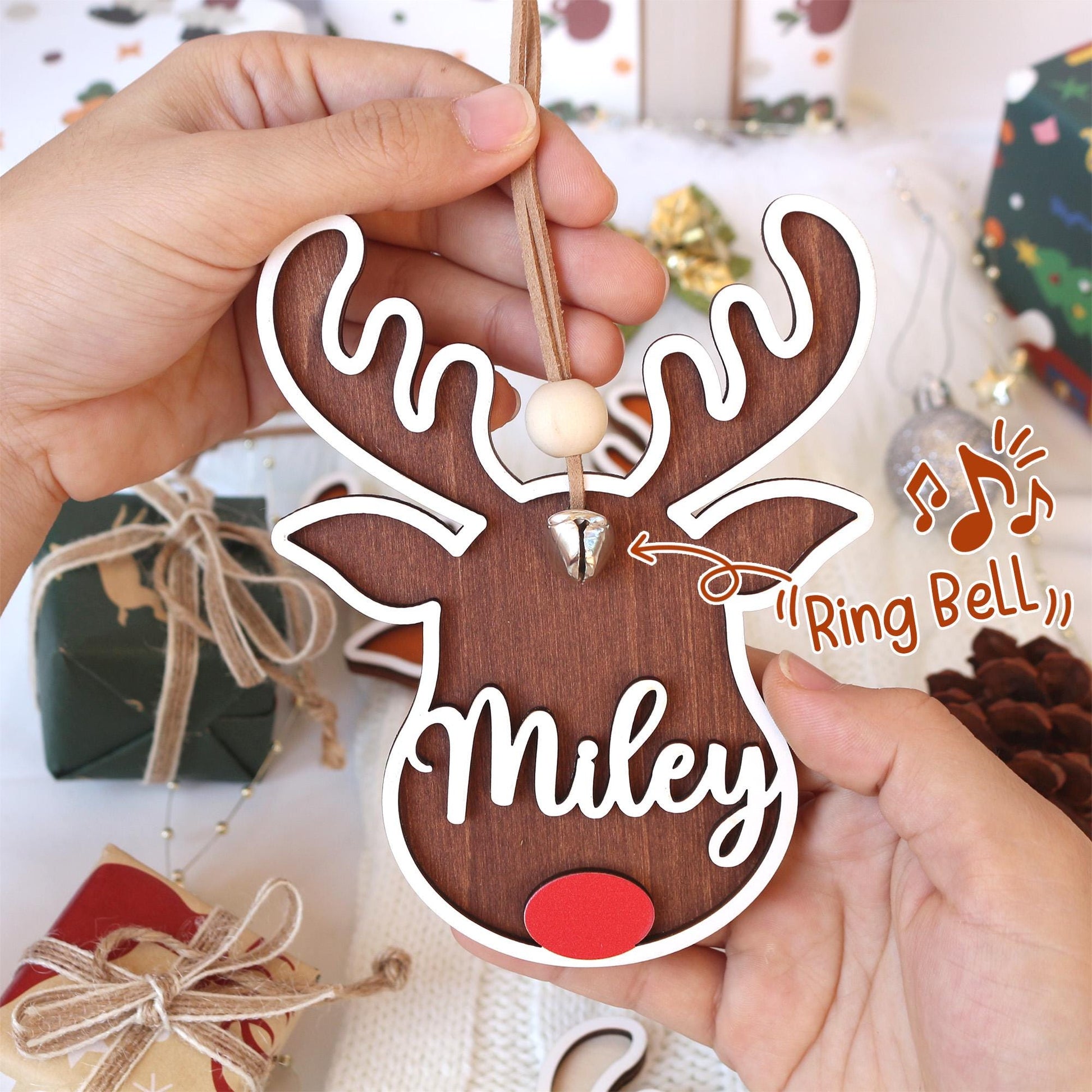 Personalized Reindeer Christmas Ornament: Wooden Stocking Tag