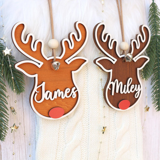 Personalized Reindeer Christmas Ornament: Wooden Stocking Tag