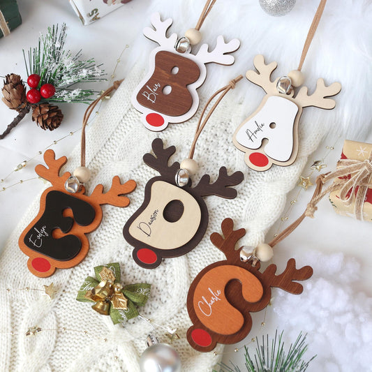 Personalized Reindeer Christmas Stocking Tag: Wooden Name Ornament
