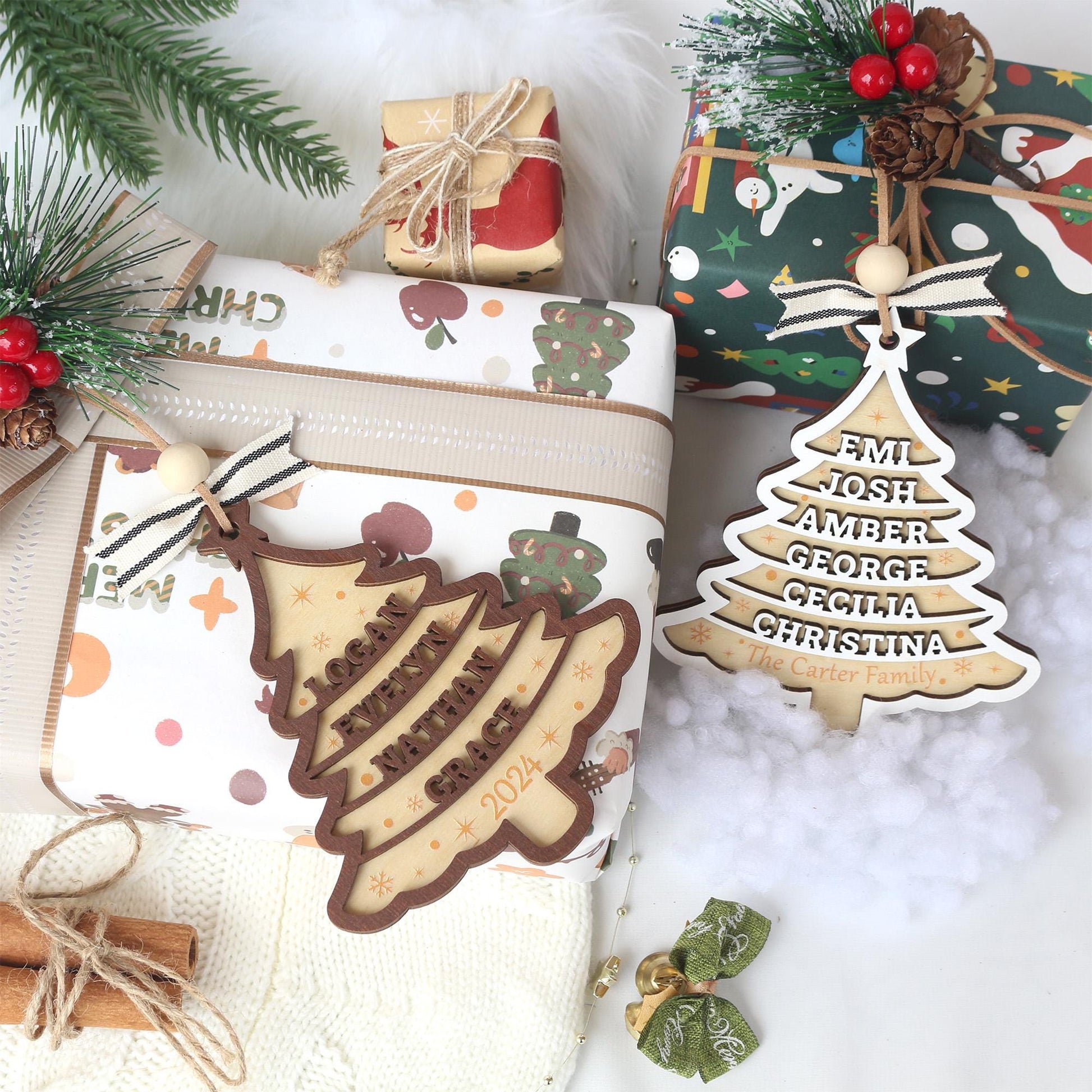 Personalized Wooden Family Christmas Ornament: Laser-Cut Tree Decor