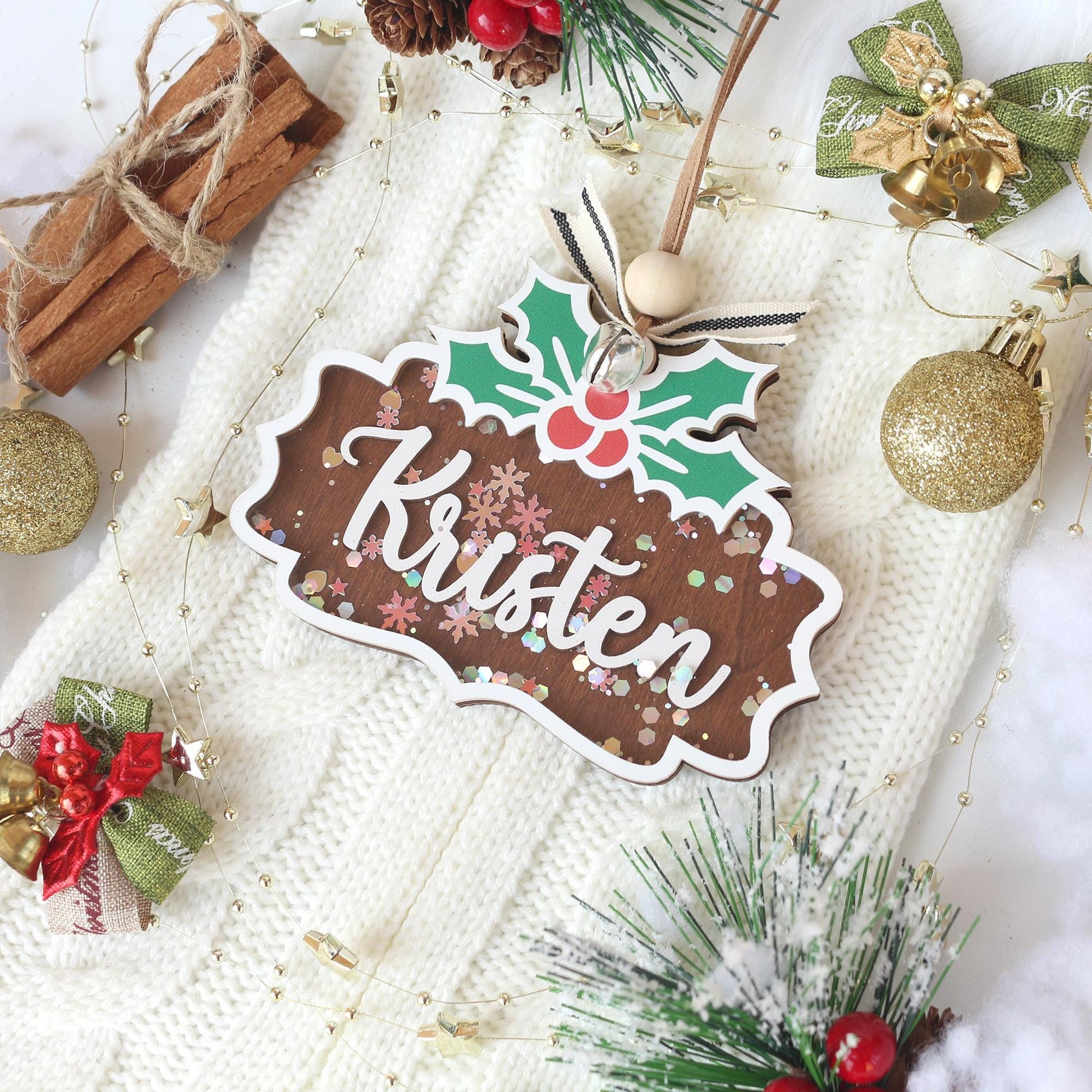 Personalized Wooden Christmas Ornament: Stocking Tag, Gift Tag