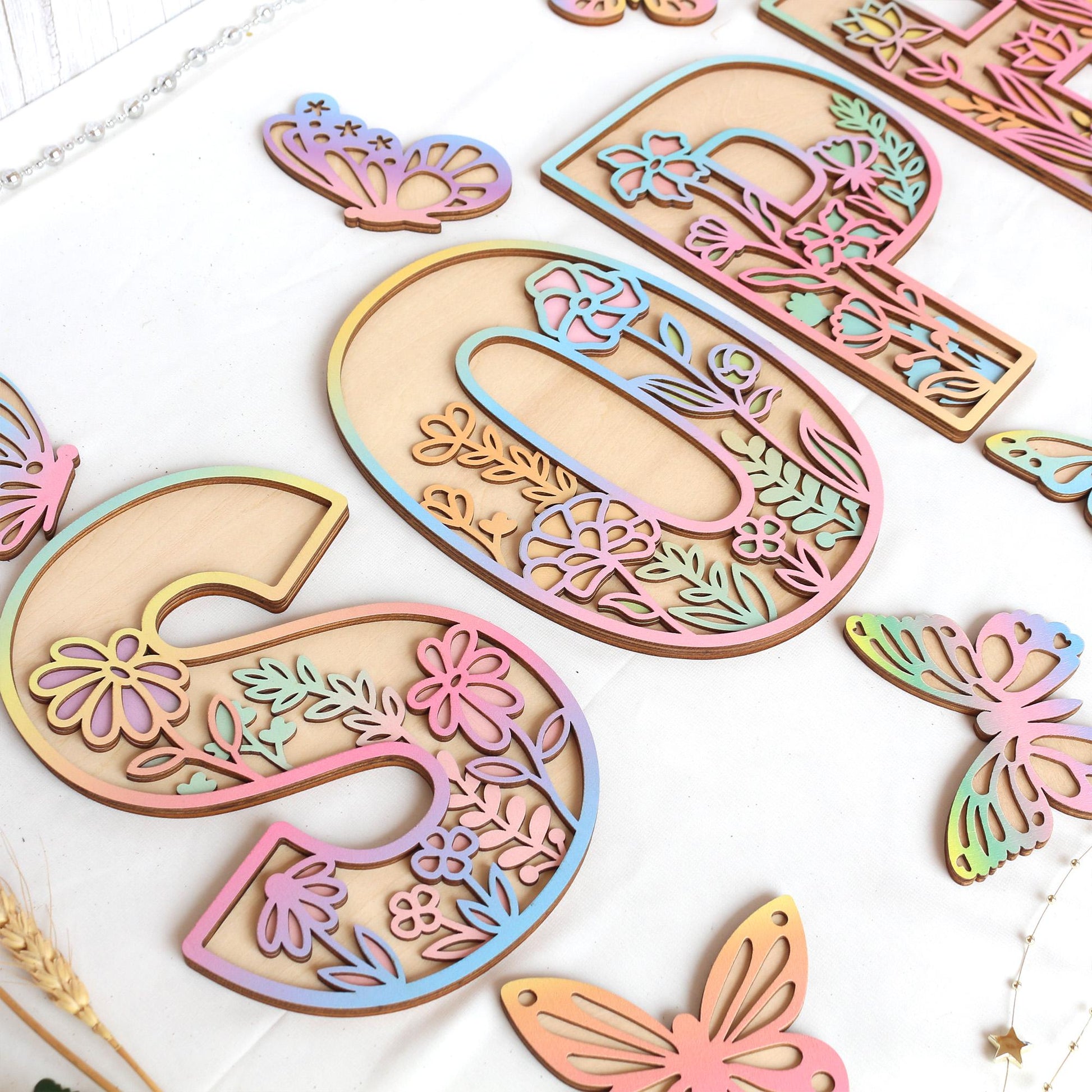 Floral Wooden Name Sign: Rainbow Wildflower Nursery Decor
