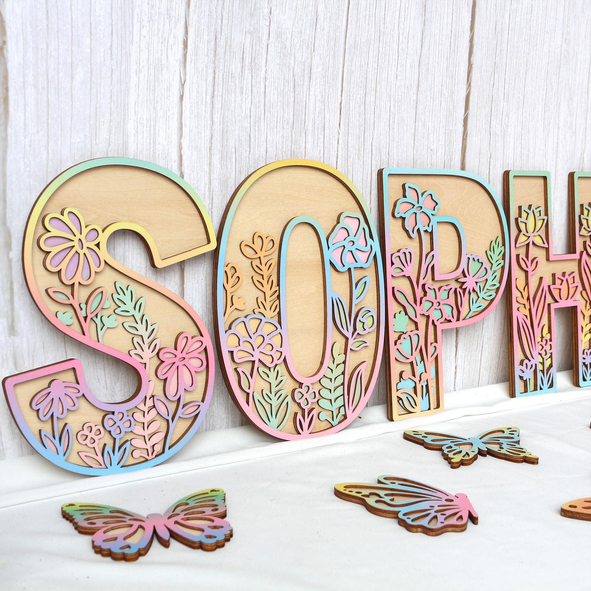 Floral Wooden Name Sign: Rainbow Wildflower Nursery Decor