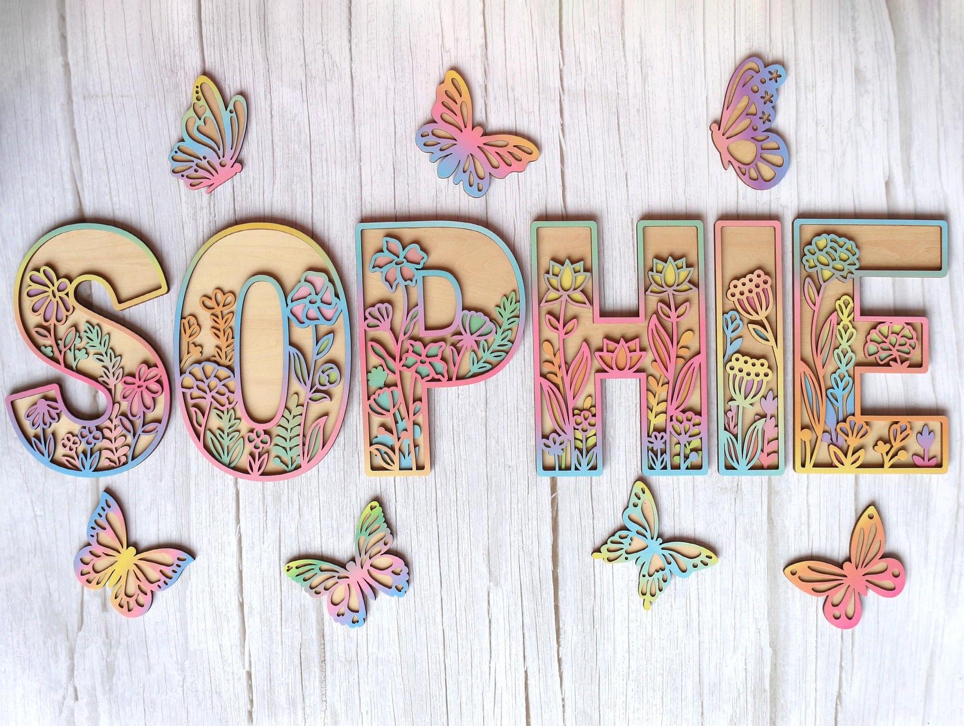 Floral Wooden Name Sign: Rainbow Wildflower Nursery Decor