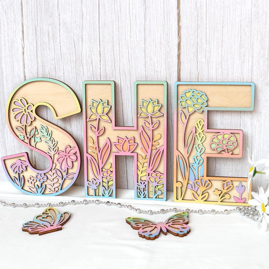 Floral Wooden Name Sign: Rainbow Wildflower Nursery Decor
