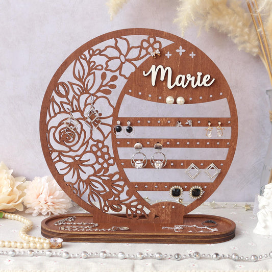 Personalized Wooden Earring Holder: Floral Jewelry Organizer Stand