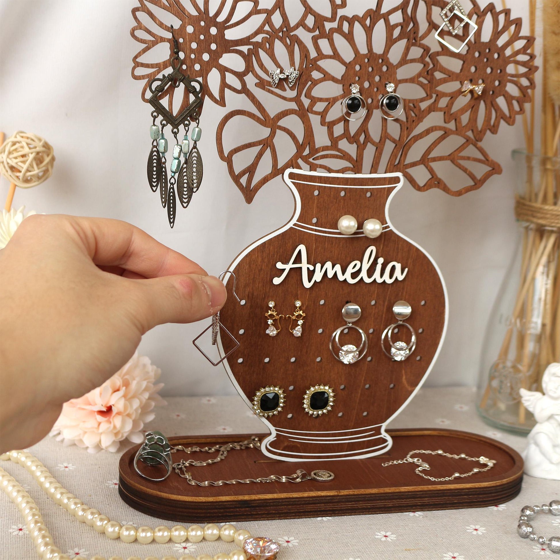 Personalized Sunflower Earring Holder: Wooden Jewelry Organizer