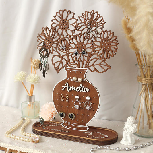 Personalized Sunflower Earring Holder: Wooden Jewelry Organizer
