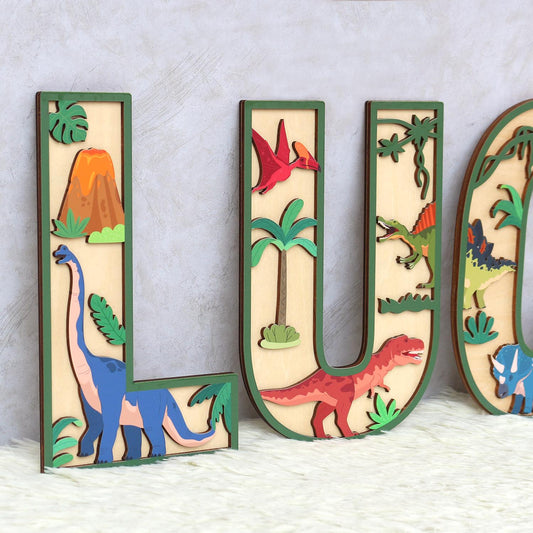 Personalized 3D Dinosaur Name Sign: Custom Wood Letters, Nursery Decor